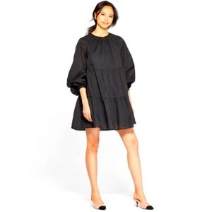 NWT Who What Where  BLACK SLEEVE  BABYDOLL FLOWY TIERED MINI DRESS